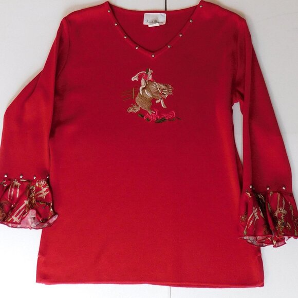VTG Ranch Dressing Red Women's Size L Knit Top Cowboy Western Equestrian Horse - Picture 1 of 10